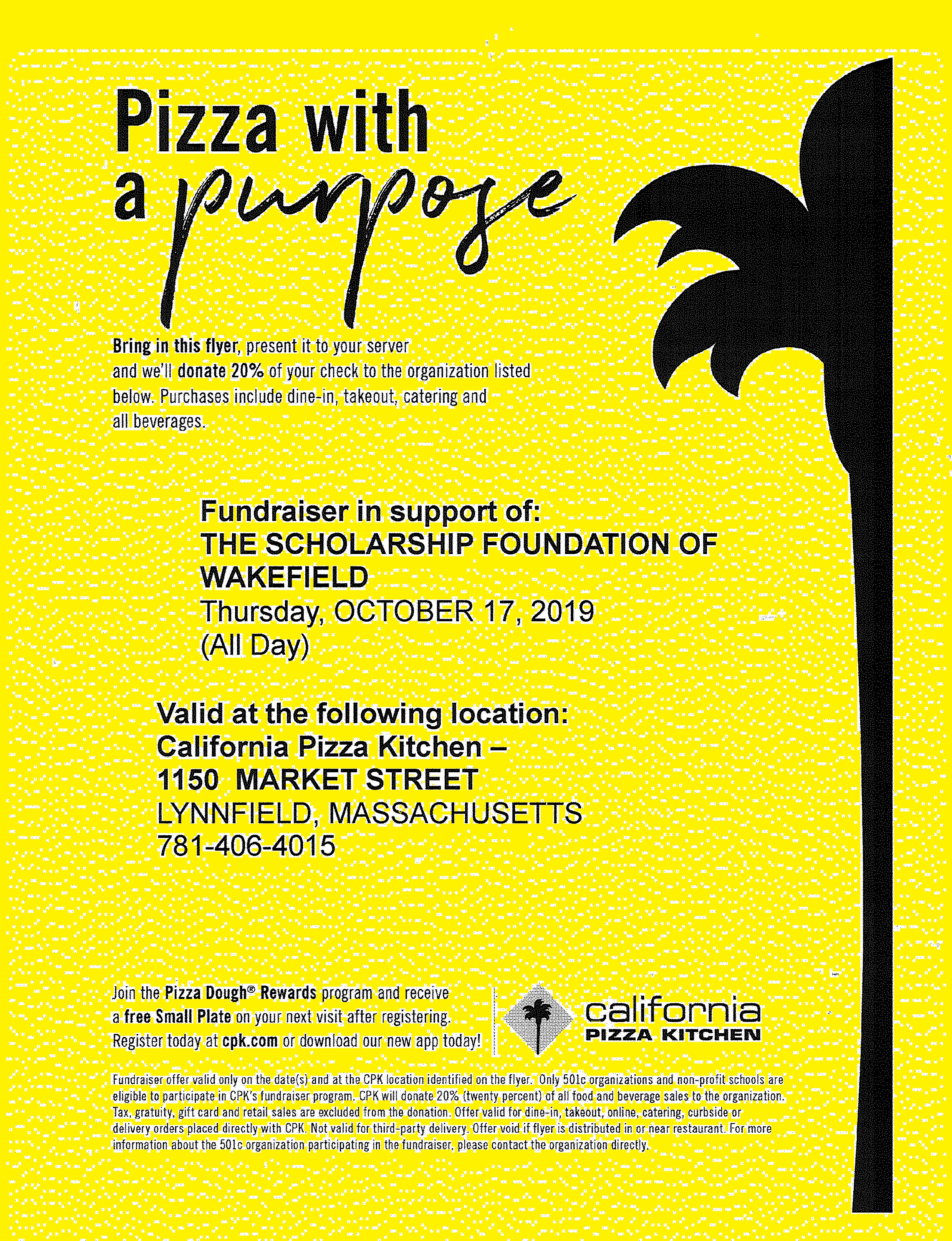 A flyer for the california pizza kitchen fundraiser.
