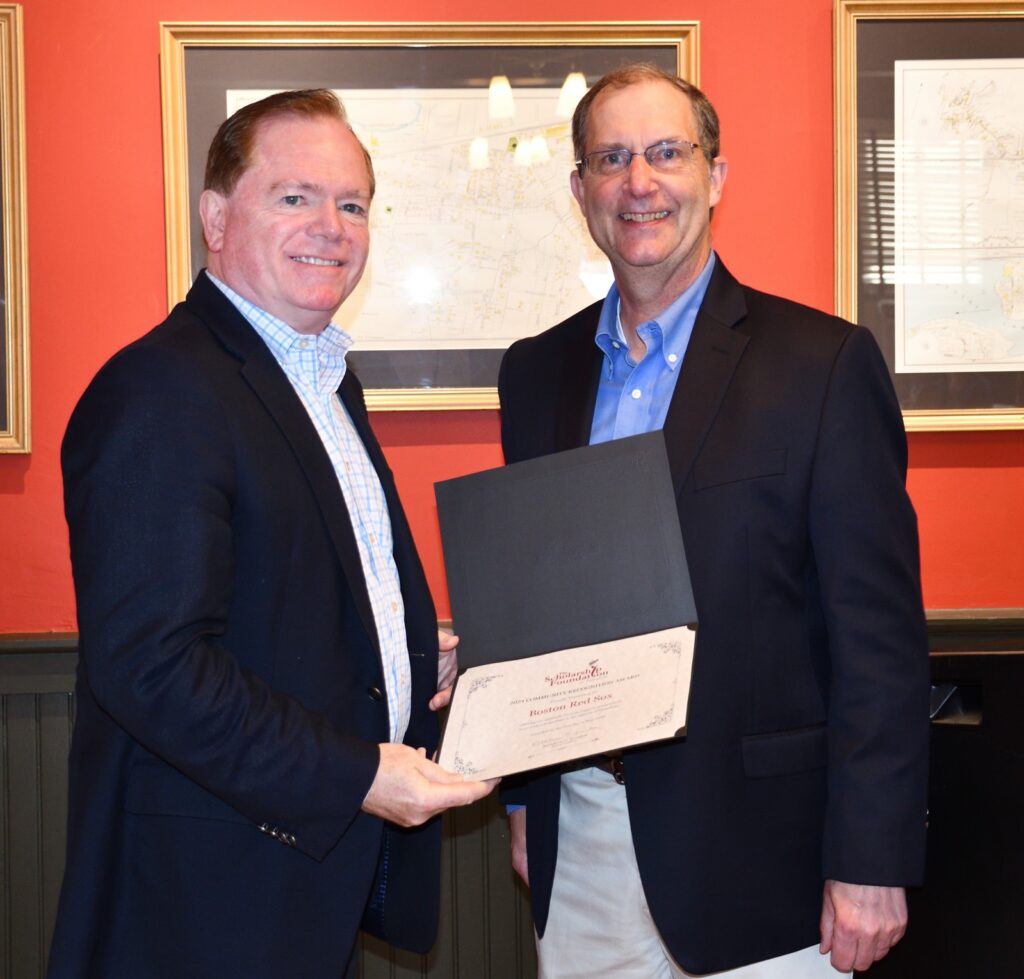 T.J. White presenting community recognition certficate to Brian Shields of Boston Red Sox